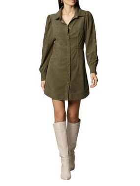 Avec Les Filles Olive Green Mini Dress Button Front Collared Puff Sleeve Size L